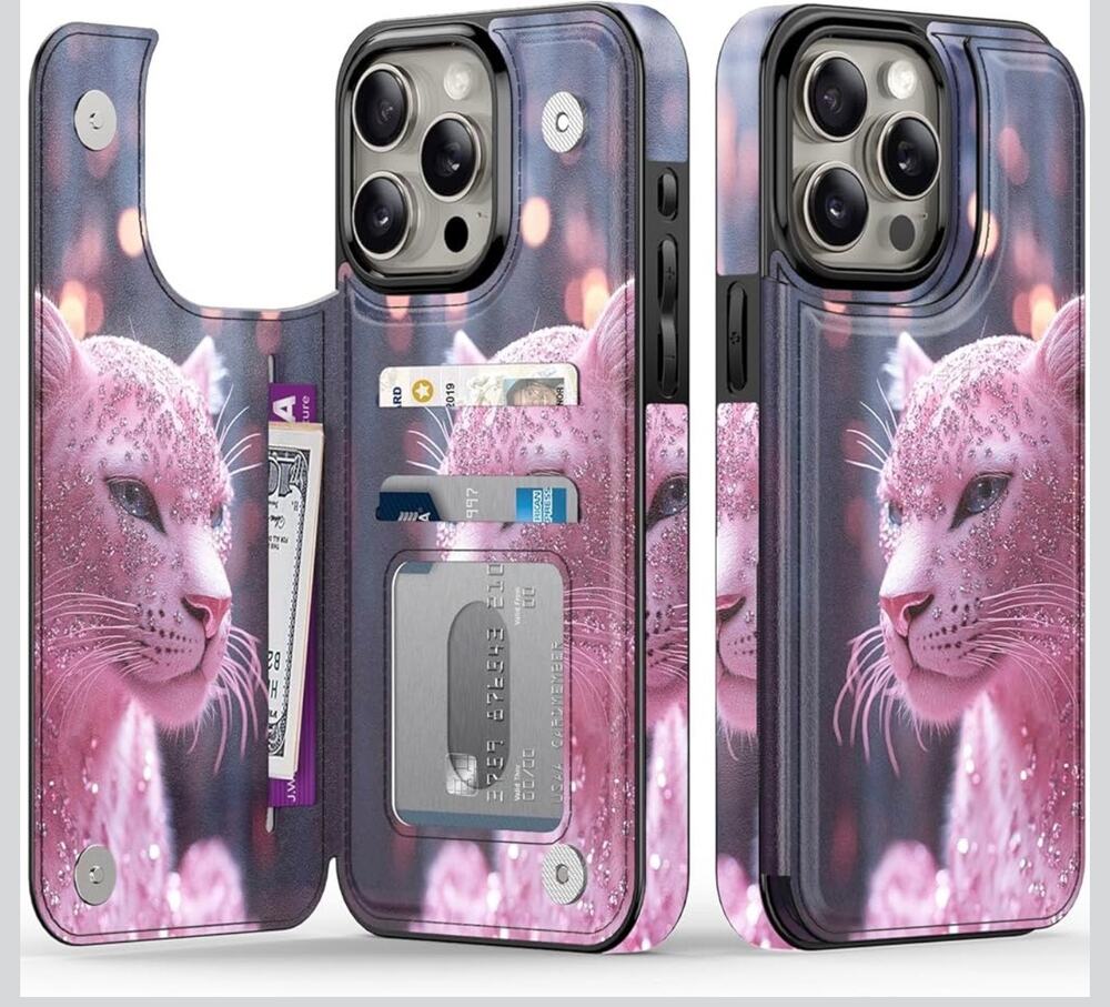 iPhone 15 Pro leather Wallet Case with Card Holder + Cash Clip Pink Leopard